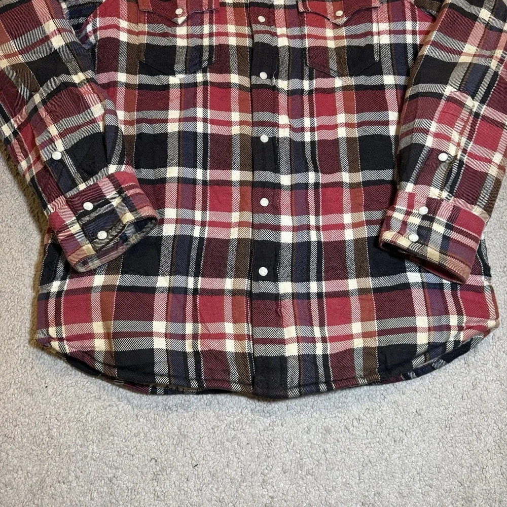 True Religion Sherpa Flannel Jacket Men L Red Blk Plaid Lined Shacket Pearl Snap